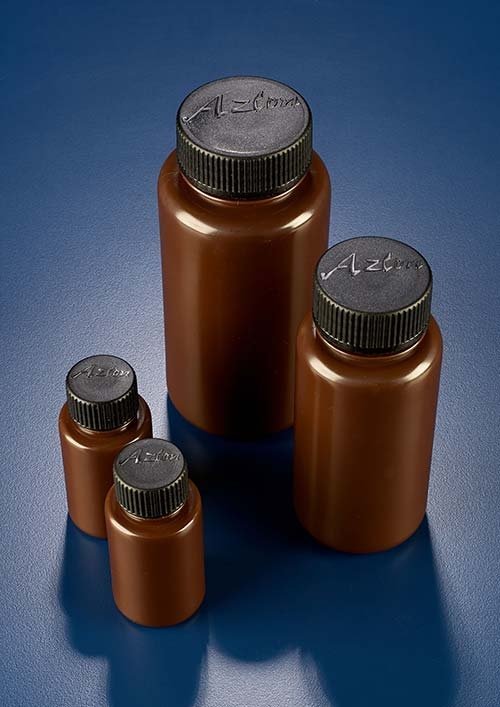 Bottles, round, wide neck, amber, polypropylene